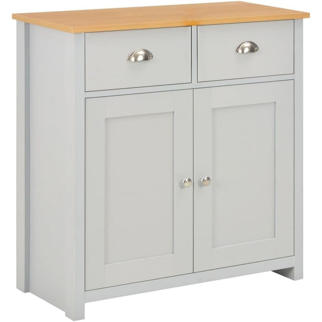 Holzoptik trifft auf beschichtete Flaechen an dem Sideboard