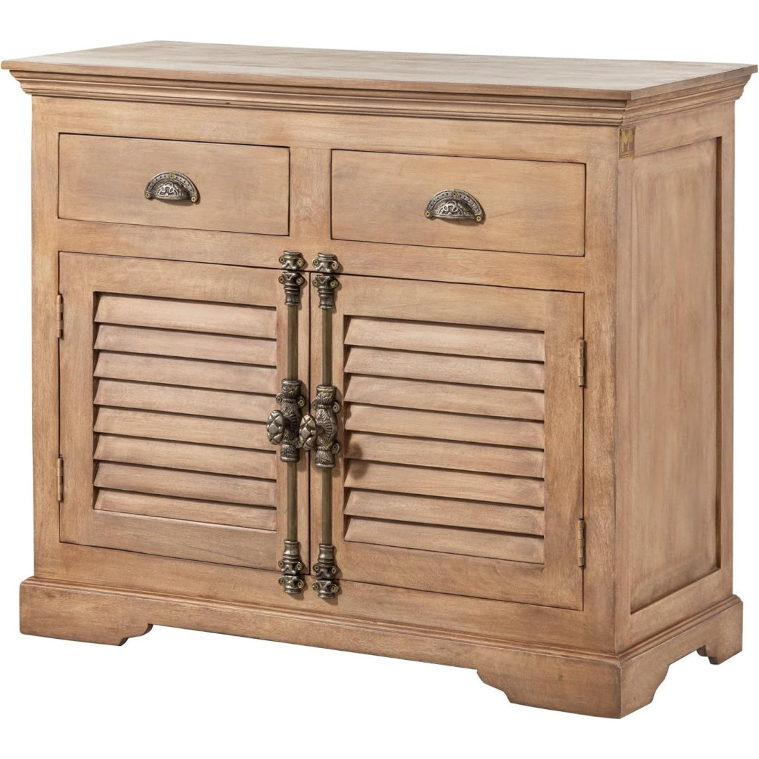 Sideboard aus Mangoholz zeigt 2 Schubladen